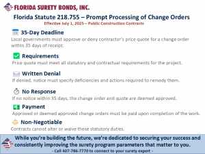Florida St 218.755 Prompt Processing of Change ORders Public Construction Contracts 35 day deadline for local gov to approve or deny change orders