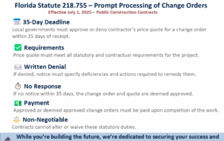 Florida St 218.755 Prompt Processing of Change ORders Public Construction Contracts 35 day deadline for local gov to approve or deny change orders