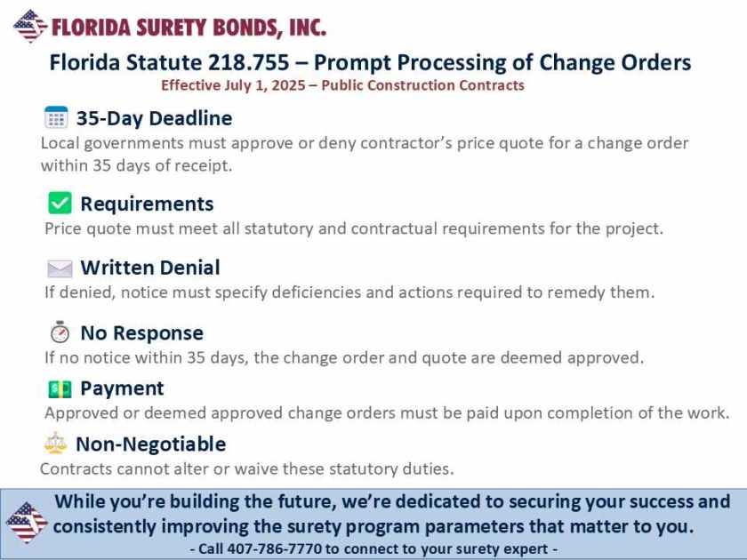 Florida St 218.755 Prompt Processing of Change ORders Public Construction Contracts 35 day deadline for local gov to approve or deny change orders