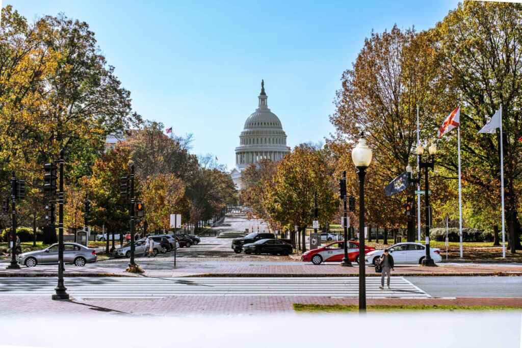 The United States Capitol building viewed from a street lined with autumn trees.