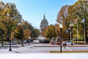 The United States Capitol building viewed from a street lined with autumn trees.